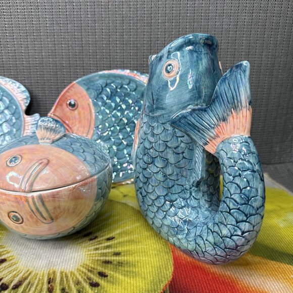 Vintage Rare 10 piece MCM Henriksen Majolica Fish Sculpture Iridescent Jug Pitch - Picture 8 of 12